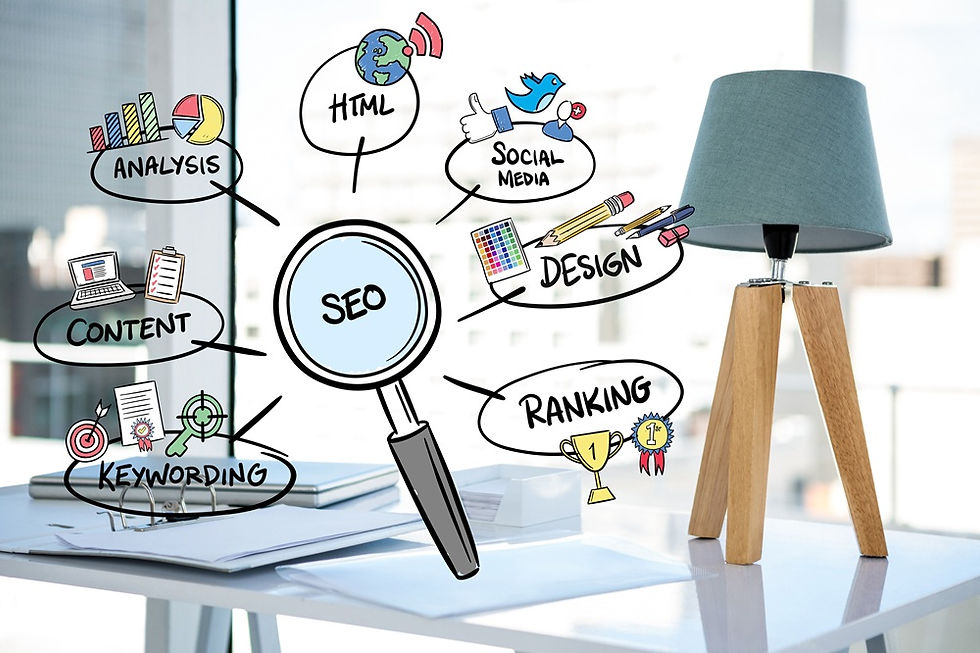 SEO concept illustration with magnifying glass showing keywords, content, ranking, analysis, design, and social media elements on a desk setup
