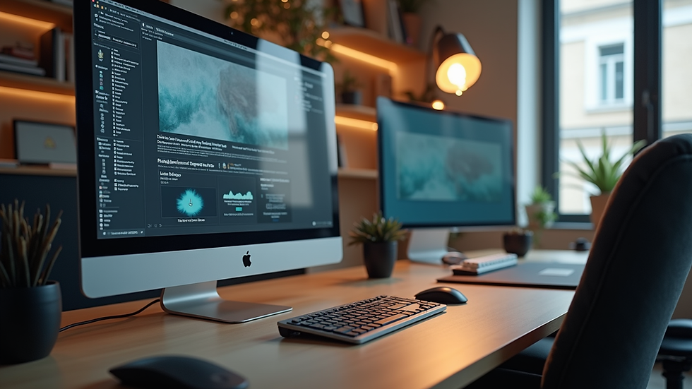 Eye-level view of a modern workspace with a sleek computer setup
