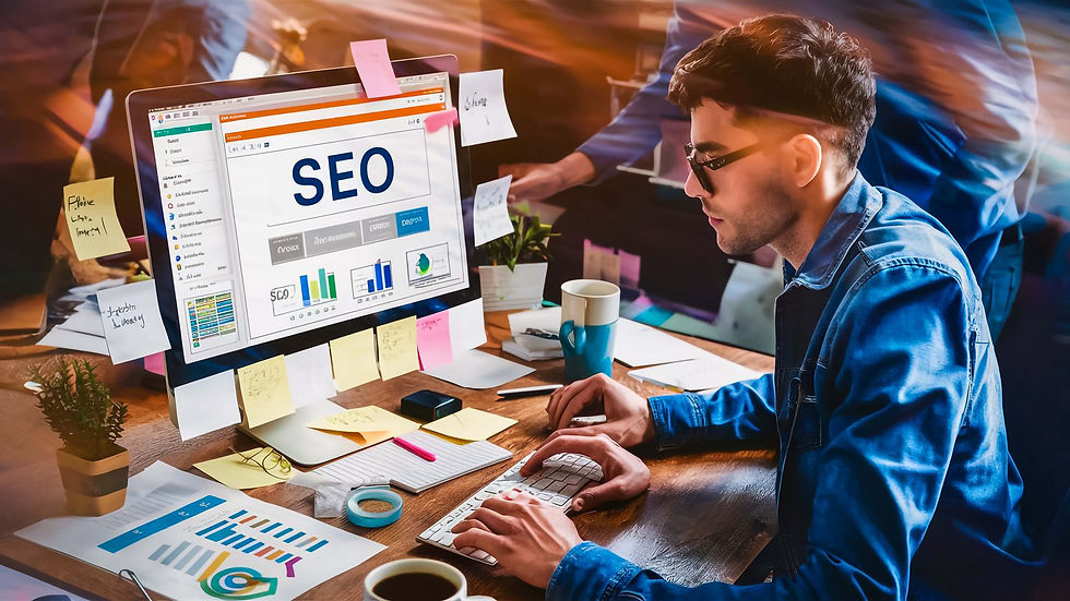 SEO specialist working on keyword research and website ranking strategy using analytics reports and search engine optimization dashboard.