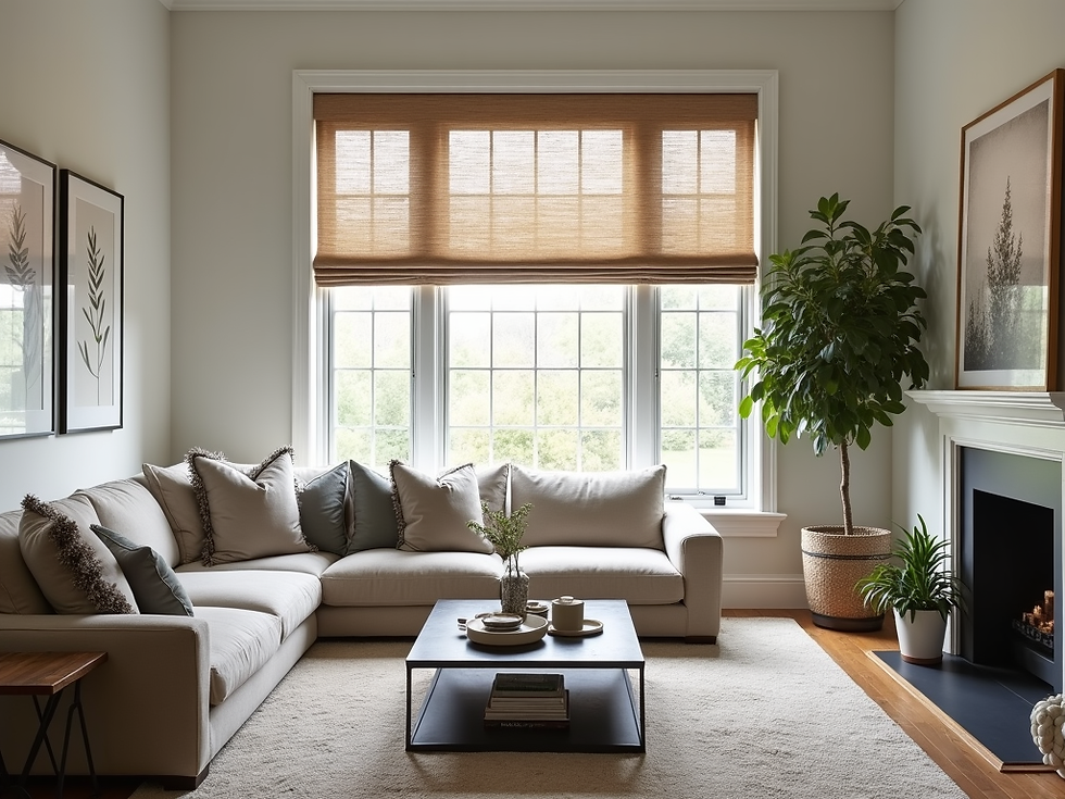 A modern living room with large windows featuring stylish woven shades