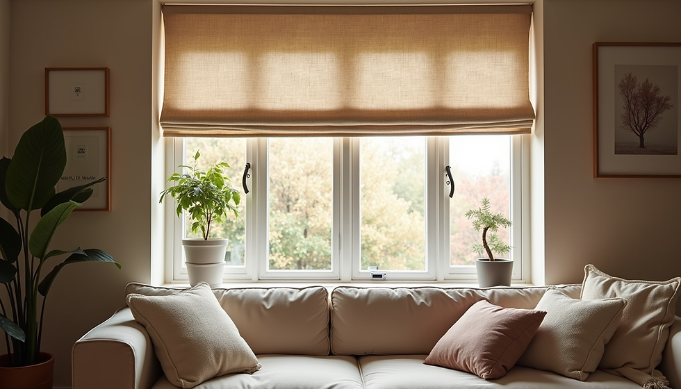 A modern living room with large windows featuring stylish woven shades