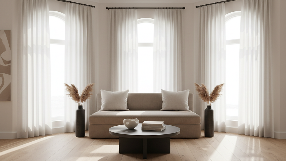 Eye-level view of bay window with sunlight filtering through sheer curtains
