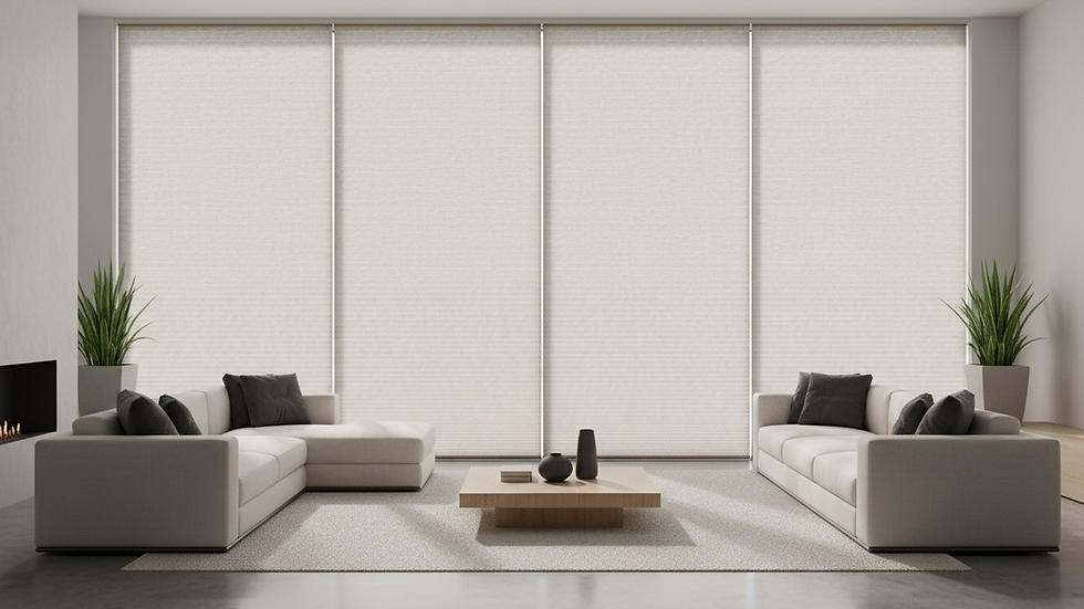 Eye-level view of honeycomb shades covering a large window in a modern living room