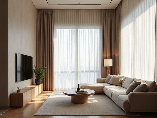 Ripplefold curtains with ceiling-mounted track
