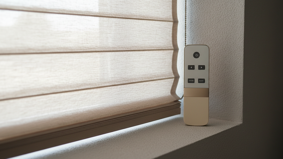Close-up view of remote control device next to window blinds
