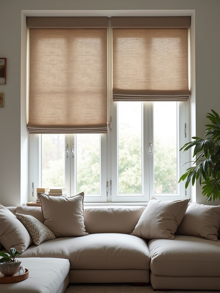 A modern living room with large windows featuring stylish woven shades