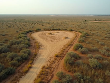 Aerial view of open West Texas land with a dirt road near Midland