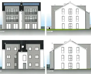 Architekturpläne: Mehrfamilienhaus, vier Ansichten, Domicile Neu