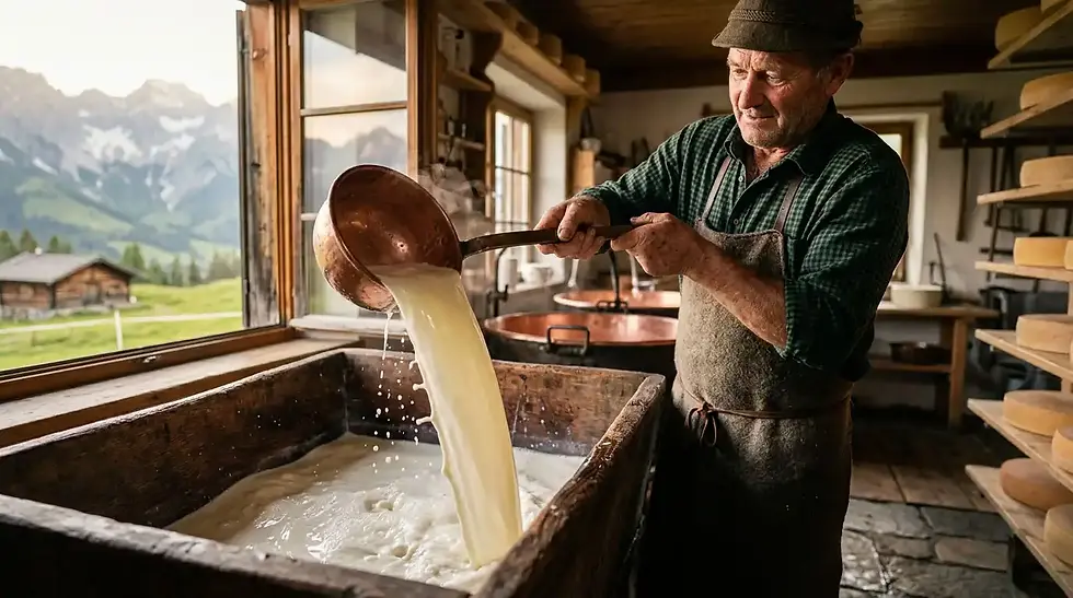 Ein Milchbauer gießt die Bild in einen großen Behälter
