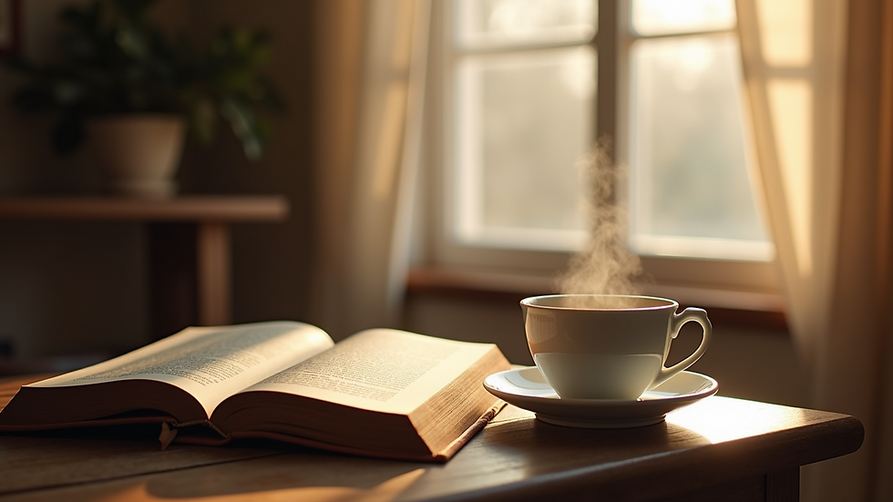 Eye-level view of a cozy corner with a steaming cup of tea and a book