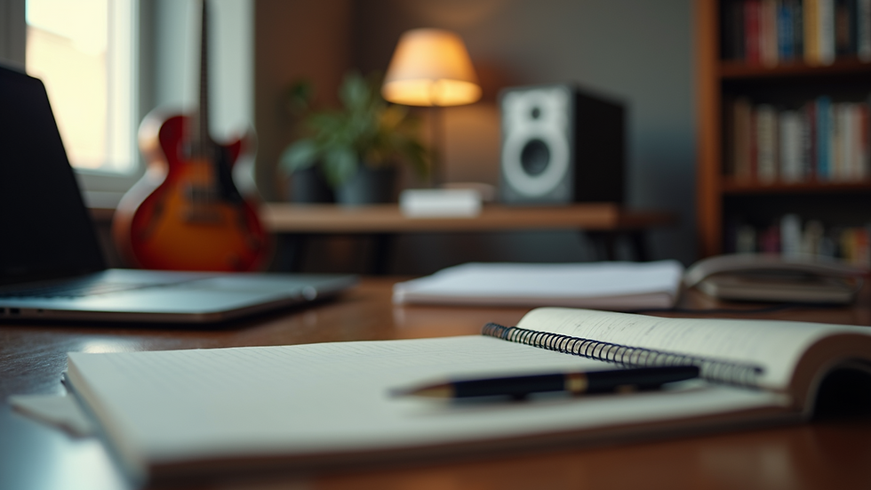 Eye-level view of a music manager’s office with a guitar and notebook