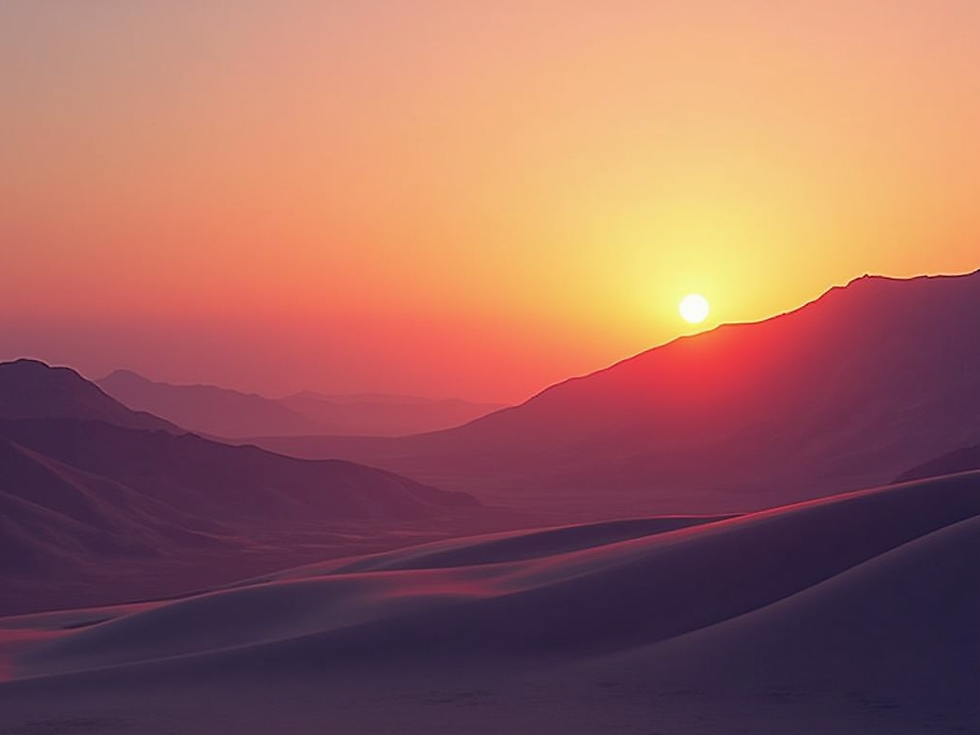 Sunset over purple desert dunes and distant mountains under a glowing orange-pink sky.