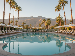 Palm-lined resort pool with San Jacinto Mountain views in Greater Palm Springs during Spa Month.