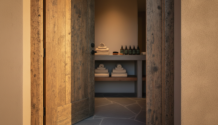 Close-up of a private studio door slightly open with warm treatment room lighting inside.