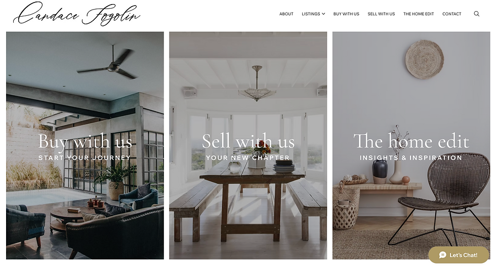 Candace Fogolin real estate homepage with three tiles: Buy with us, Sell with us, and The home edit over stylish interiors