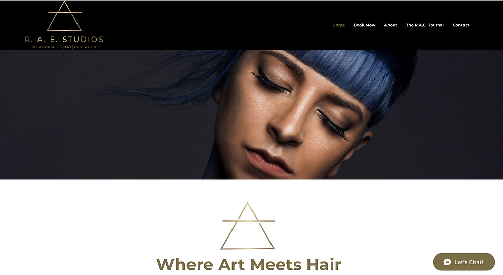 R.A.E. Studios website with a close-up portrait of a woman with blue hair and text Where Art Meets Hair on a dark, elegant page