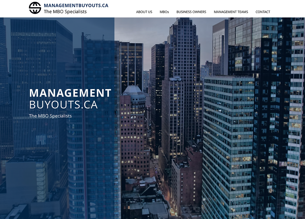ManagementBuyouts.ca homepage with logo, nav links, and large MANAGEMENT BUYOUTS.CA text over a dusk city skyline.