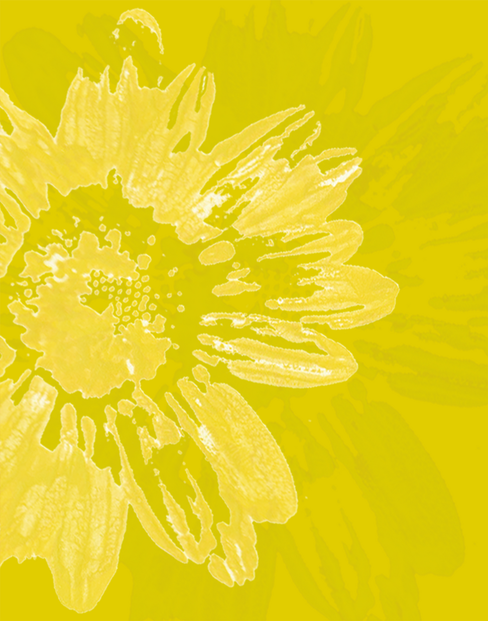 Reflection began as a flower picked from my garden, which was then printed before being further designed on my computer. The vibrant yellow and the flower reflected in the background evoke the glow of dazzling sunlight that brightens and brings a sense of renewal, warmth and joy.