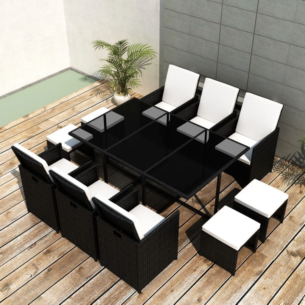 Poly Rattan Black Outdoor Dining 11 piece Set with Cushions