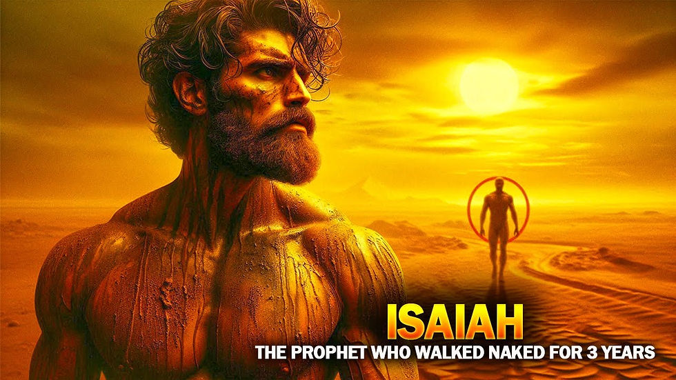 Bearded man in desert with glowing sunset, body covered in mud. Text reads: "ISAIAH: THE PROPHET WHO WALKED NAKED FOR 3 YEARS."
