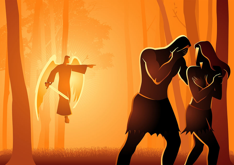 Angel with a sword points at a man and woman leaving a forest. Warm orange tones dominate the scene, creating a dramatic mood.