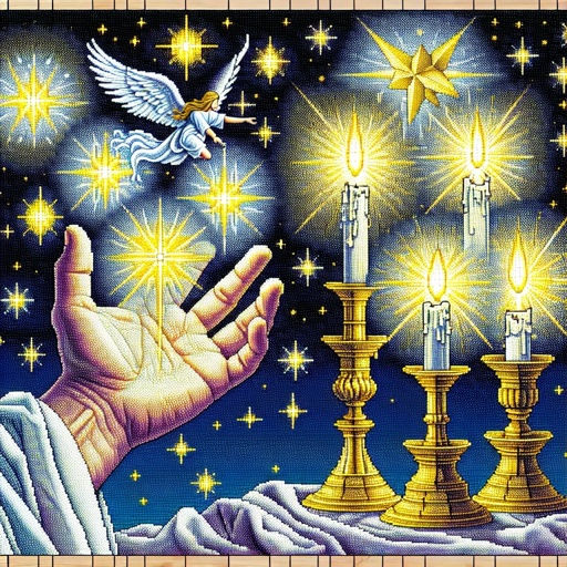 A hand holds a glowing star, surrounded by a night sky. An angel flies nearby. Candlelight illuminates the dark blue background.