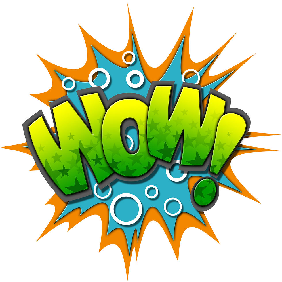 Bold green WOW! over blue and orange comic burst with white circles on a white background
