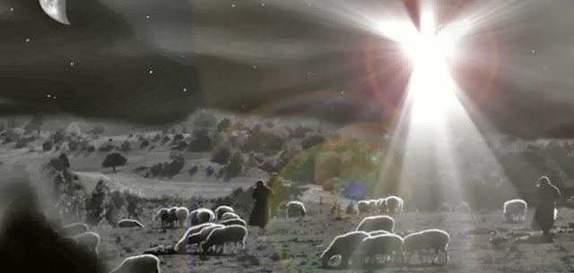 Shepherds with a flock of sheep under a night sky. A bright star illuminates the scene, creating a serene and mystical atmosphere.