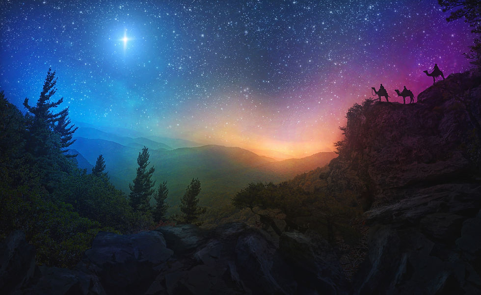 Starry night sky with a bright star over mountains. Silhouettes of three camels and riders on a cliff, vibrant twilight colors create a serene mood.