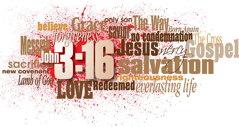 John 3:16 in bold text surrounded by words like love, grace, salvation on a red splatter background, conveying a religious message.