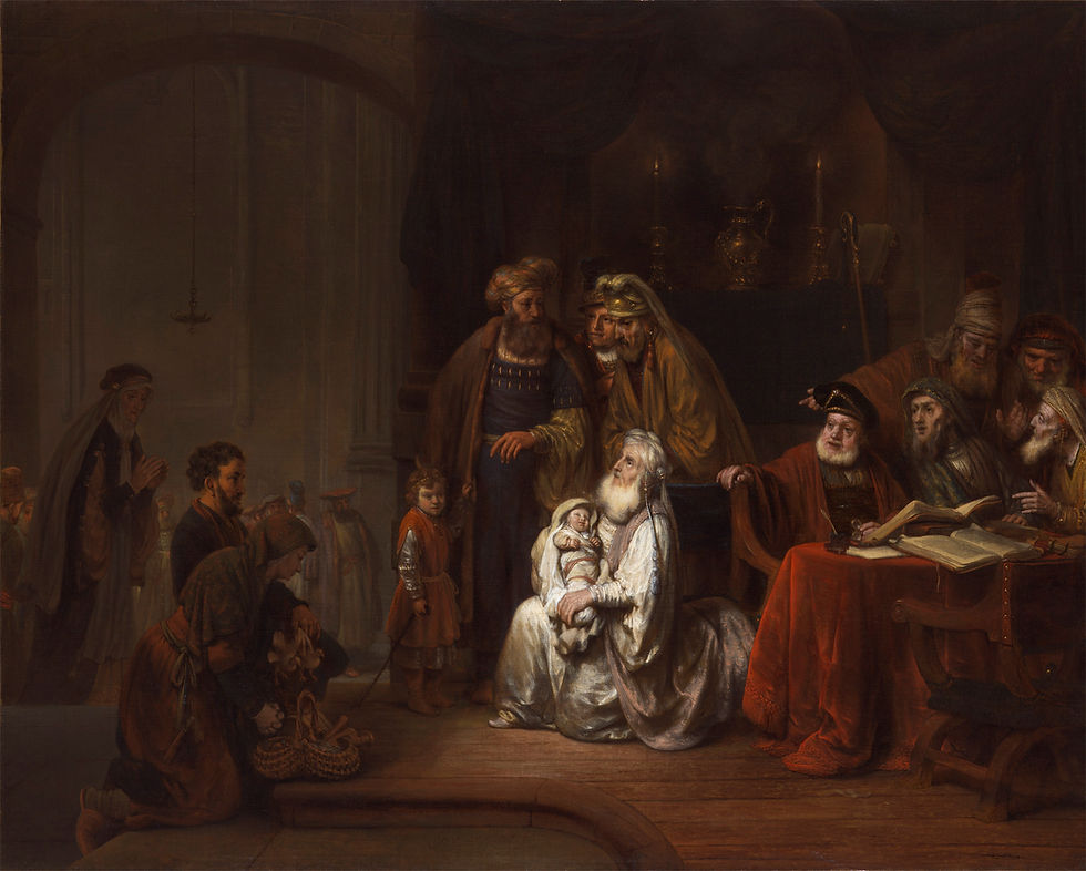 A group of people in historical attire surrounds a seated old man holding a baby. Dimly lit, candlelight, books, and a red tablecloth add to the ambiance.