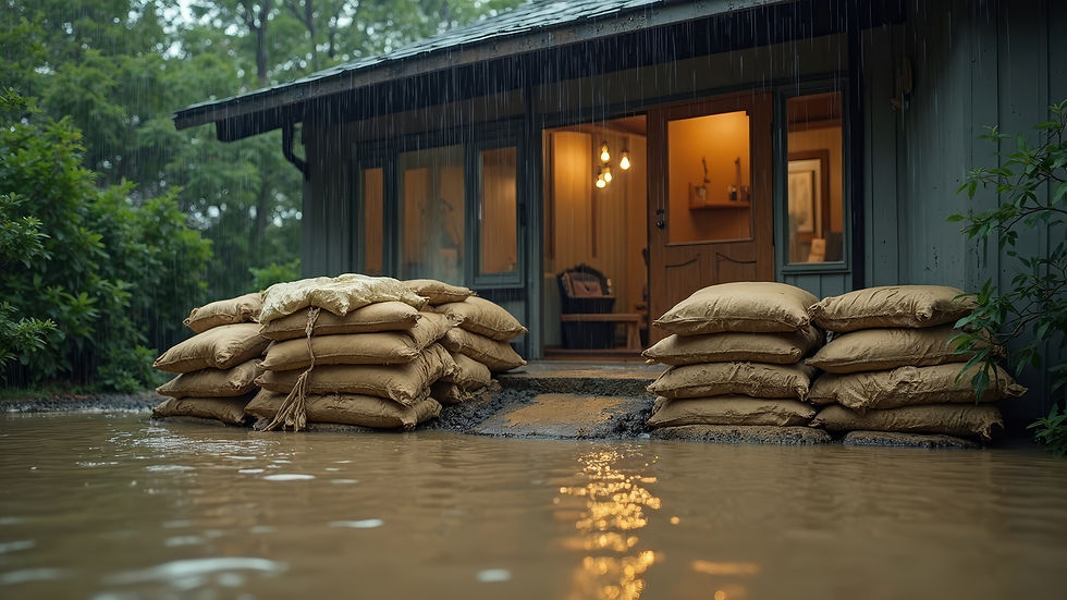 Rain floods a house protected by stacked sandbags, with warm lights glowing inside amid dark green trees.