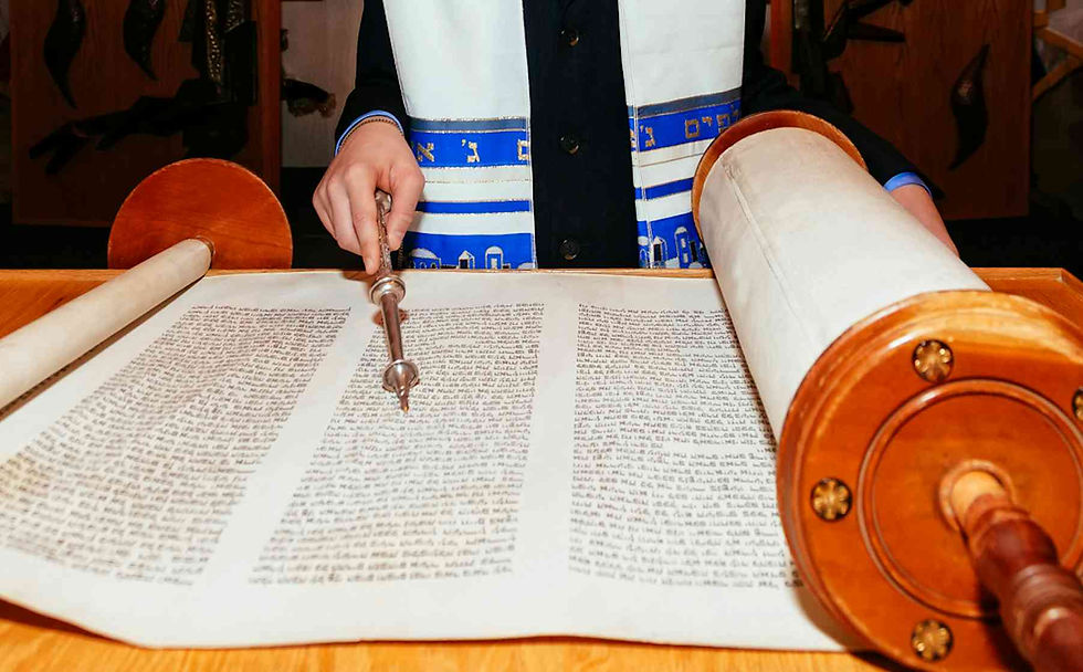 Person reading a Torah scroll with a silver pointer, dressed in a white and blue prayer shawl. Background features a wooden setting.