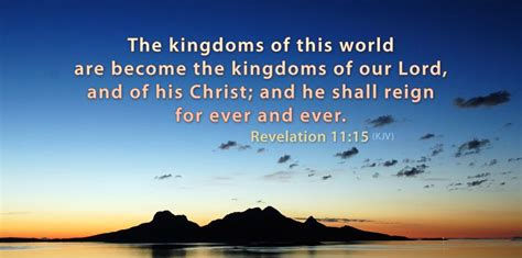 Silhouetted island at sunset with a serene sky. Text reads: "The kingdoms of this world... Revelation 11:15 (KJV)."