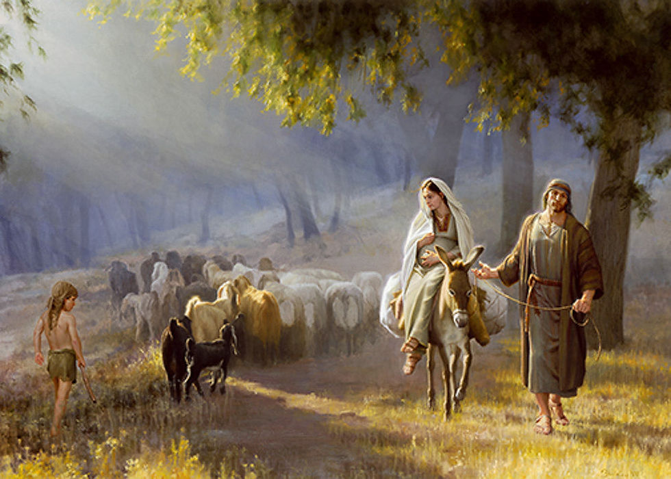 A man leads a donkey carrying a woman through a sunlit forest. A child and grazing sheep are nearby. The mood is peaceful and serene.