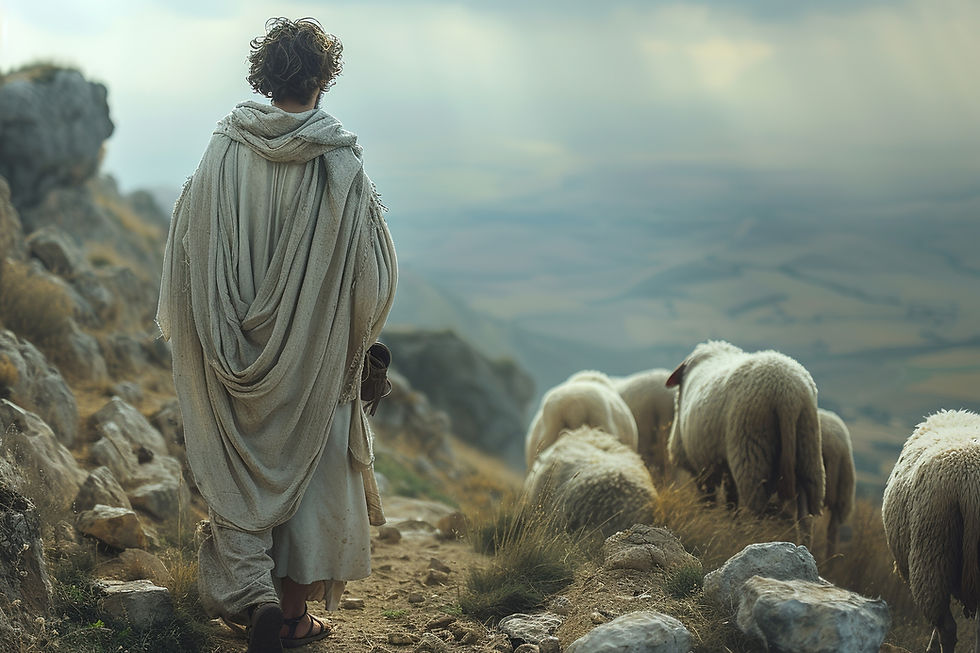 A person in a robe walks on a rocky hill with sheep, under a cloudy sky. The scene feels serene and pastoral.