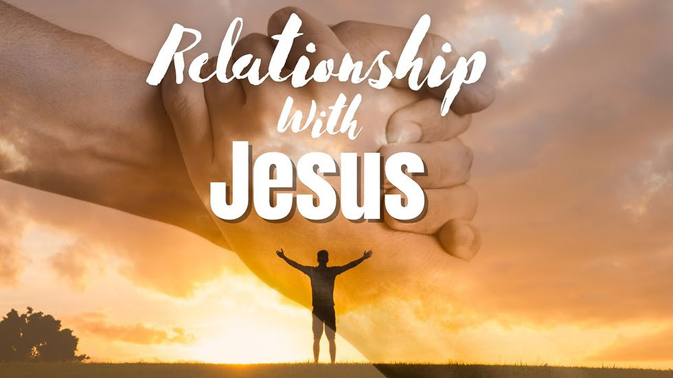 Hands clasped with text "Relationship with Jesus" over a silhouette of a person with open arms at sunset, warm colors and clouds.