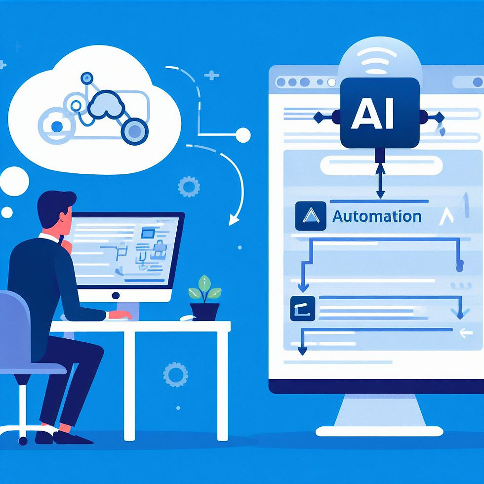 A person working on a computer with a thought bubble above their head that shows a repetitive task being automated by an AI Automation Agency.