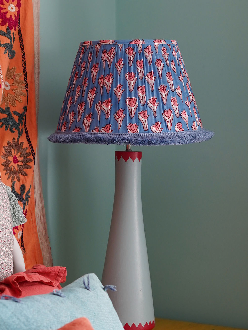 Thumbnail: 35cm Spring Blue Cotton Gathered Fringed Lampshade