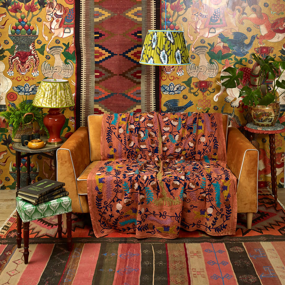 Thumbnail: Maximalist interior design, handmade golden green silk ikat lampshade in patterned wallpapered sitting room