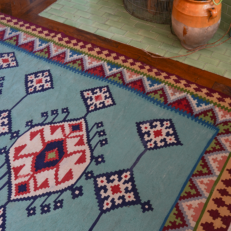 Thumbnail: Aqua and multi coloured vintage hand woven kilim rug with medallion design and intricate border design