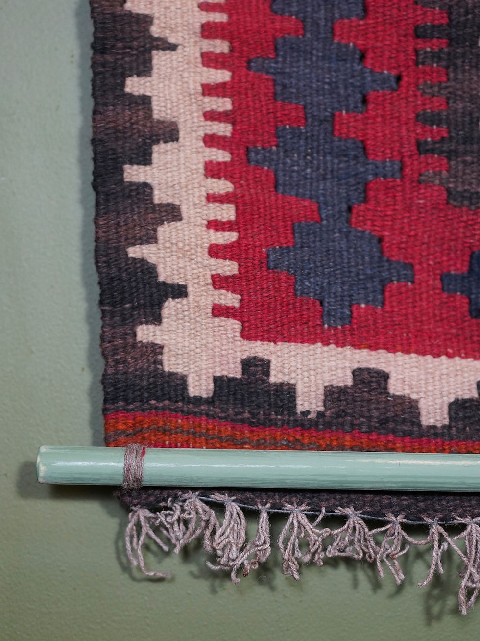 Thumbnail: Red and blue bird vintage oriental woven wall hanging with green batons and a naive bird pattern with geometric border