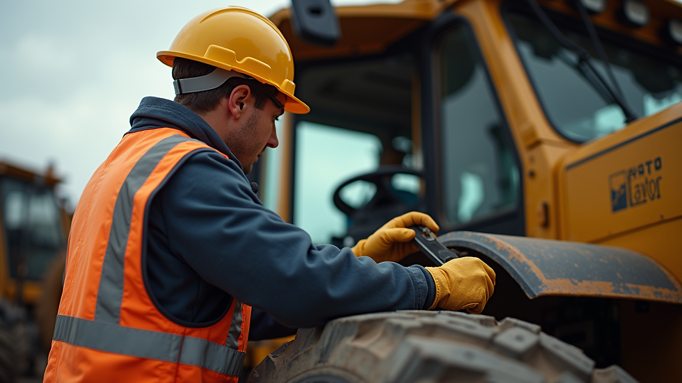 Eye-level view of heavy equipment operator performing routine checks on machinery