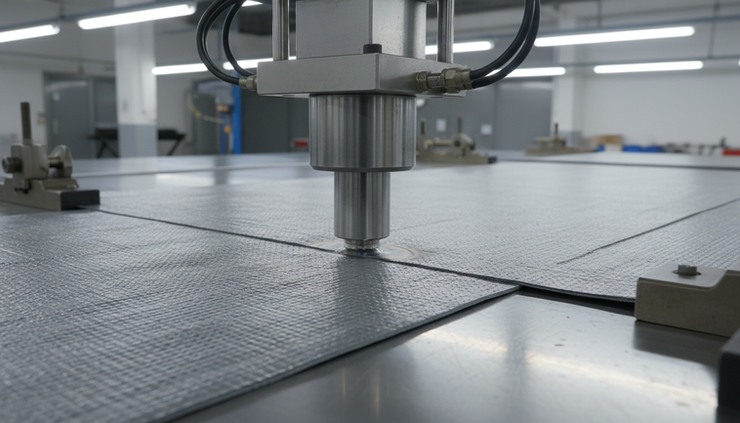 Yakın plan görünümde yüksek frekans kaynak elektrodu altında birleşen TPU branda kenarı.