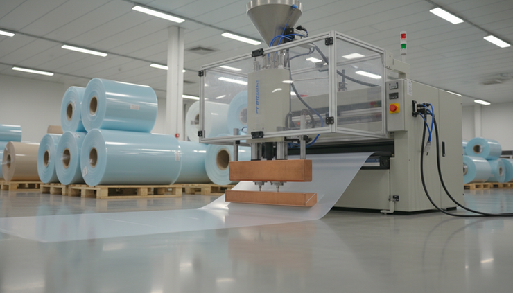 Wide-angle view of a high frequency plastic welding machine on a clean production floor
