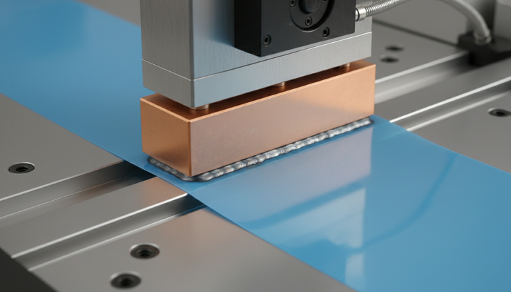 Close-up view of a copper radio frequency welding electrode pressing layered PVC material