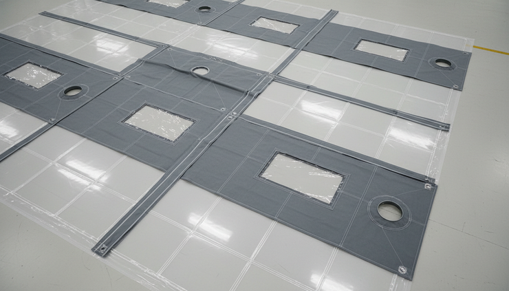 Top-down view of modular welded plastic panels prepared for a CBRN shelter system