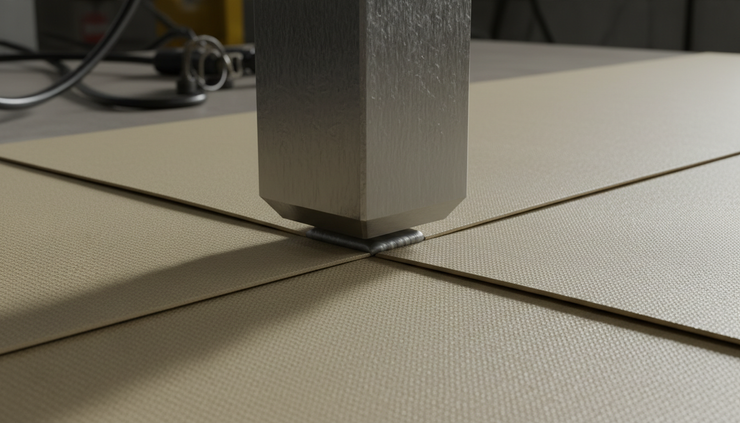 Close-up view of a high frequency welding electrode pressing coated plastic sheets