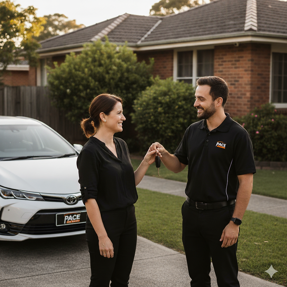 Customer receiving car keys from Pace Car Rental representative, showing easy booking and delivery service in Sydney.