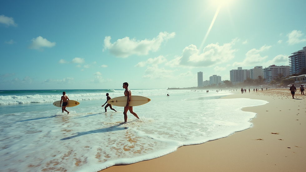 Eye-level view of Bondi Beach with surfers